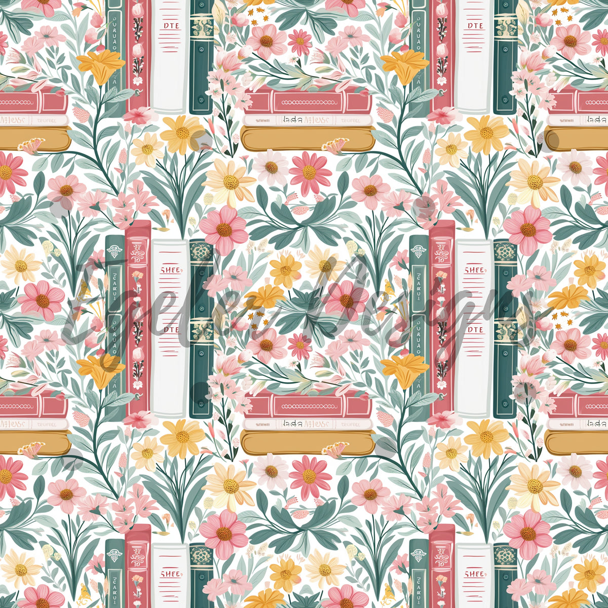Pink Floral Books Seamless Pattern Digital Download – Egeler Designs