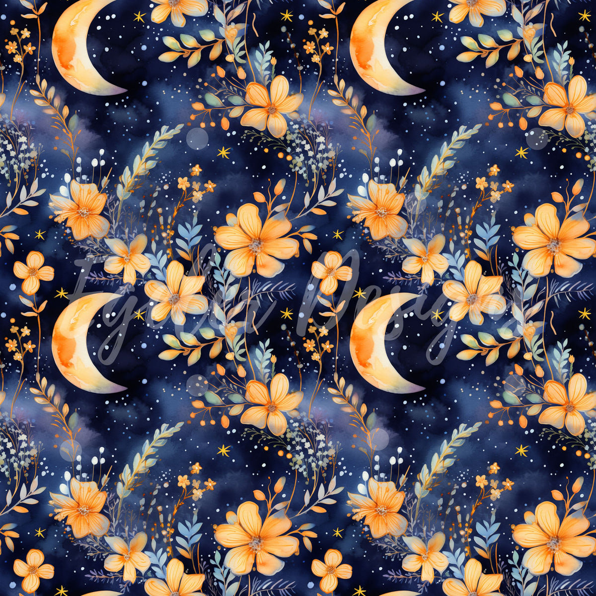 Orange Moon Floral Seamless Pattern Digital Download Egeler Designs