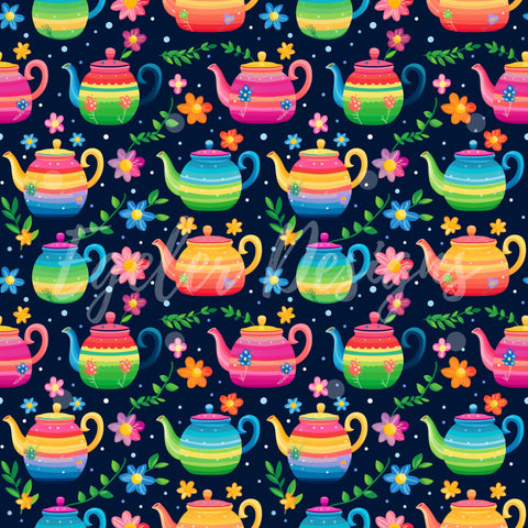 Bright Tea Pots Floral Seamless Pattern Digital Download