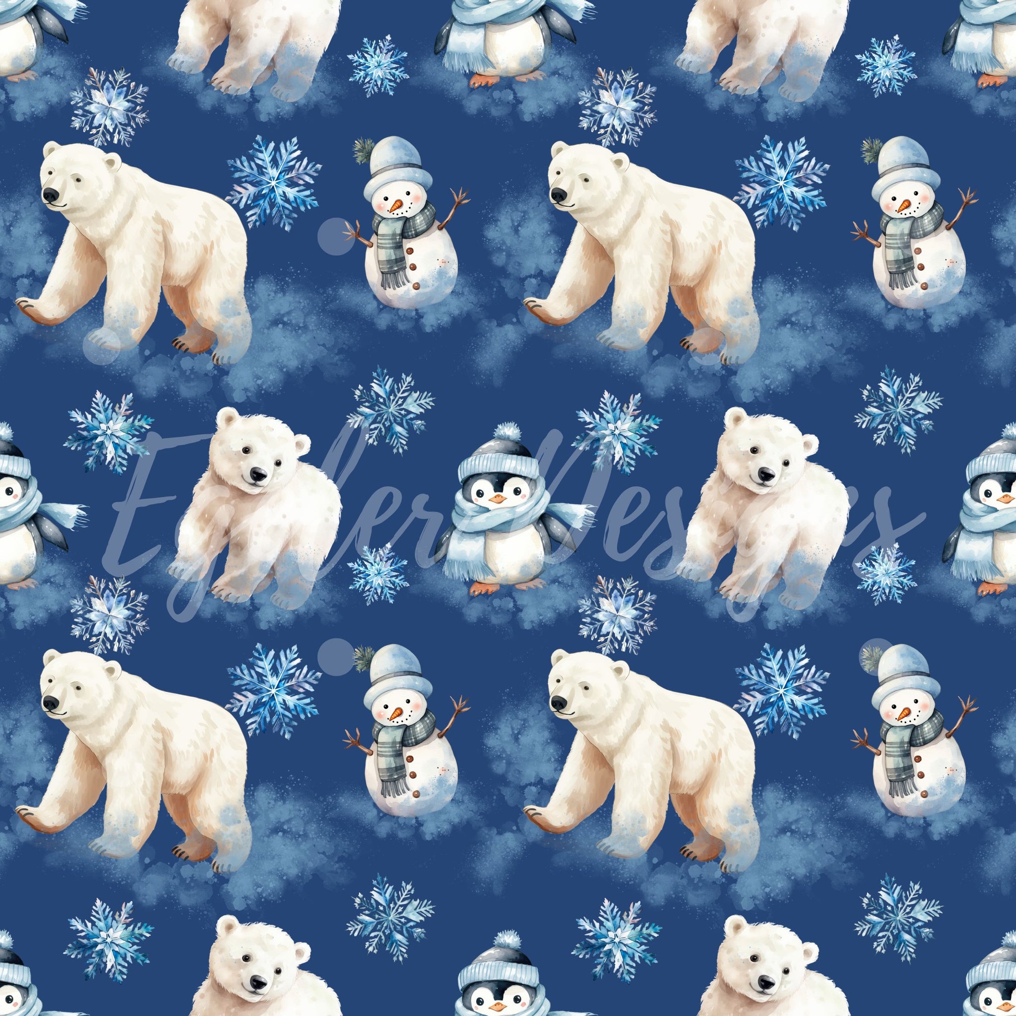 Blue Winter Animals Seamless Pattern Digital Download