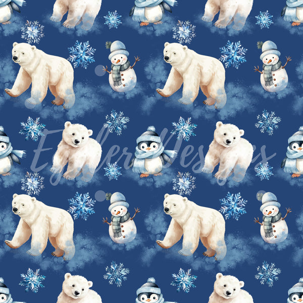 Blue Winter Animals Seamless Pattern Digital Download