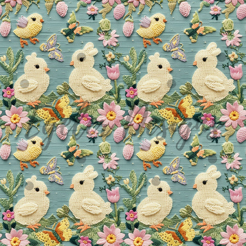 Embroidery Easter Chicks Seamless Pattern Digital Download