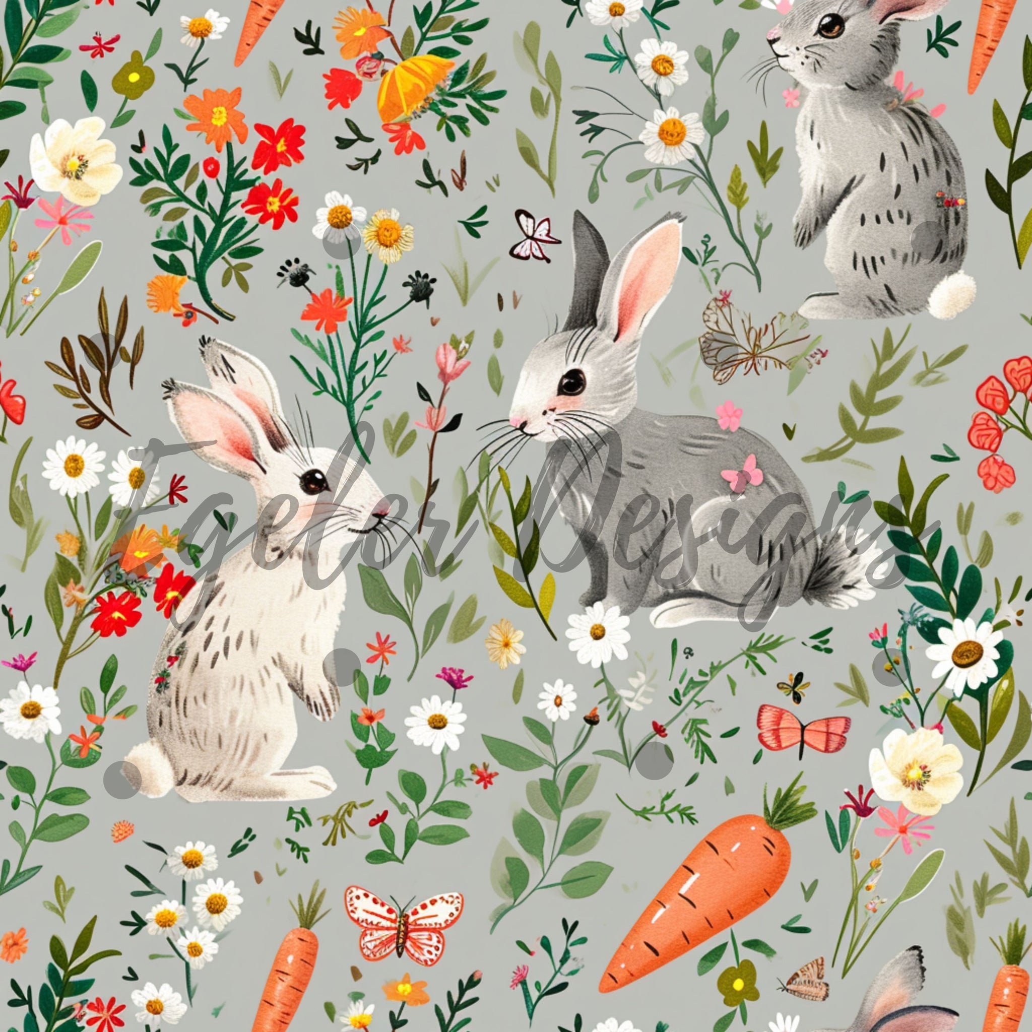 Spring Bunnies Floral Seamless Pattern Digital Download