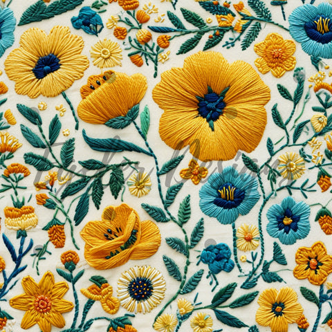 Yellow Embroidery Floral Seamless Pattern Digital Download