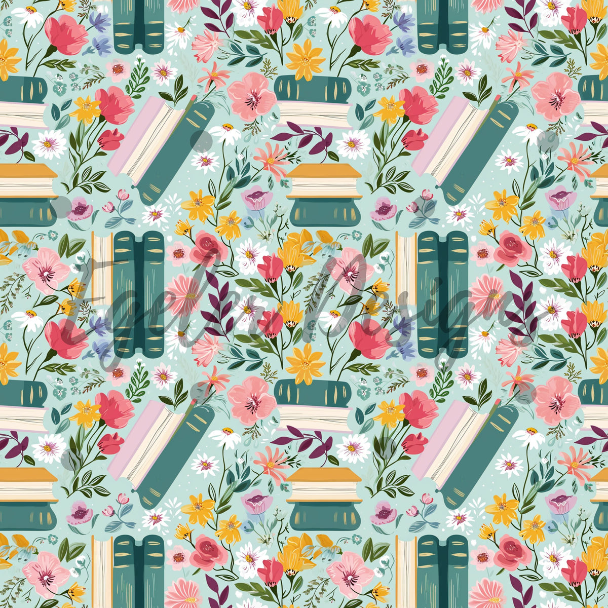Teal Floral Books Seamless Pattern Digital Download – Egeler Designs