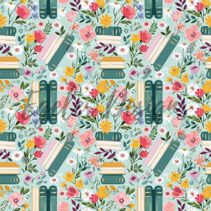 Teal Floral Books Seamless Pattern Digital Download