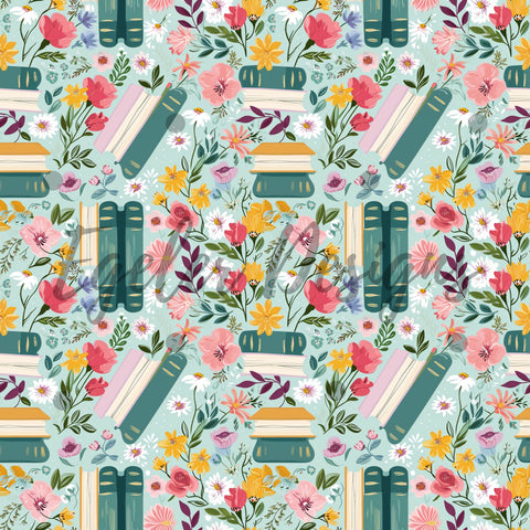 Teal Floral Books Seamless Pattern Digital Download