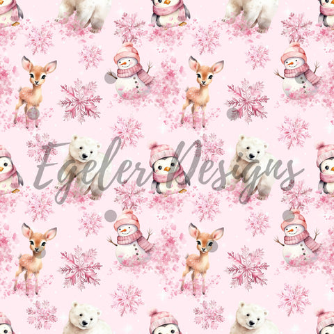 Pink Winter Animals Seamless Pattern Digital Download