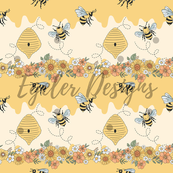 Bee Scene Seamless Pattern OR Border Print Digital Download
