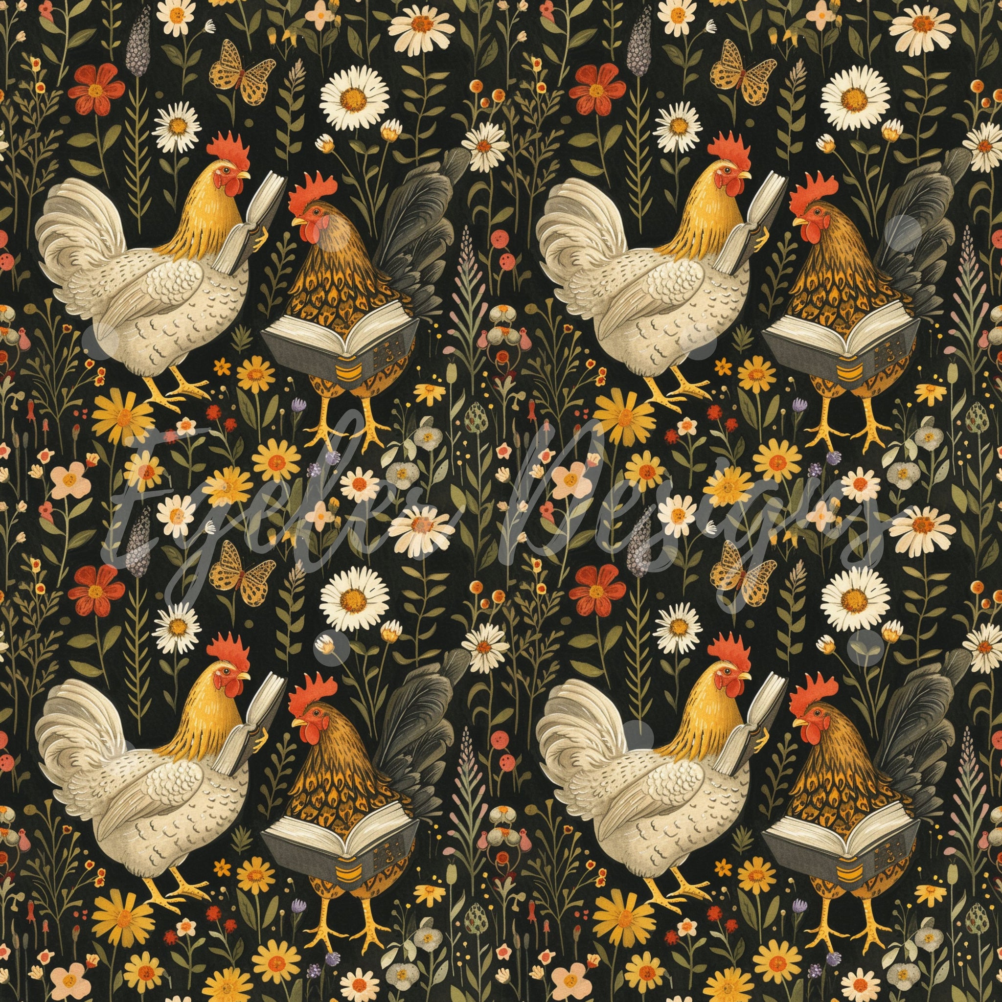 Dark Book Chickens Seamless Pattern Digital Download