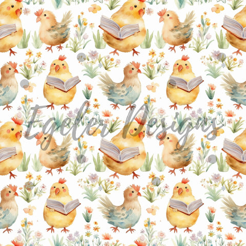 Chickens Reading Books Seamless Pattern Digital Download