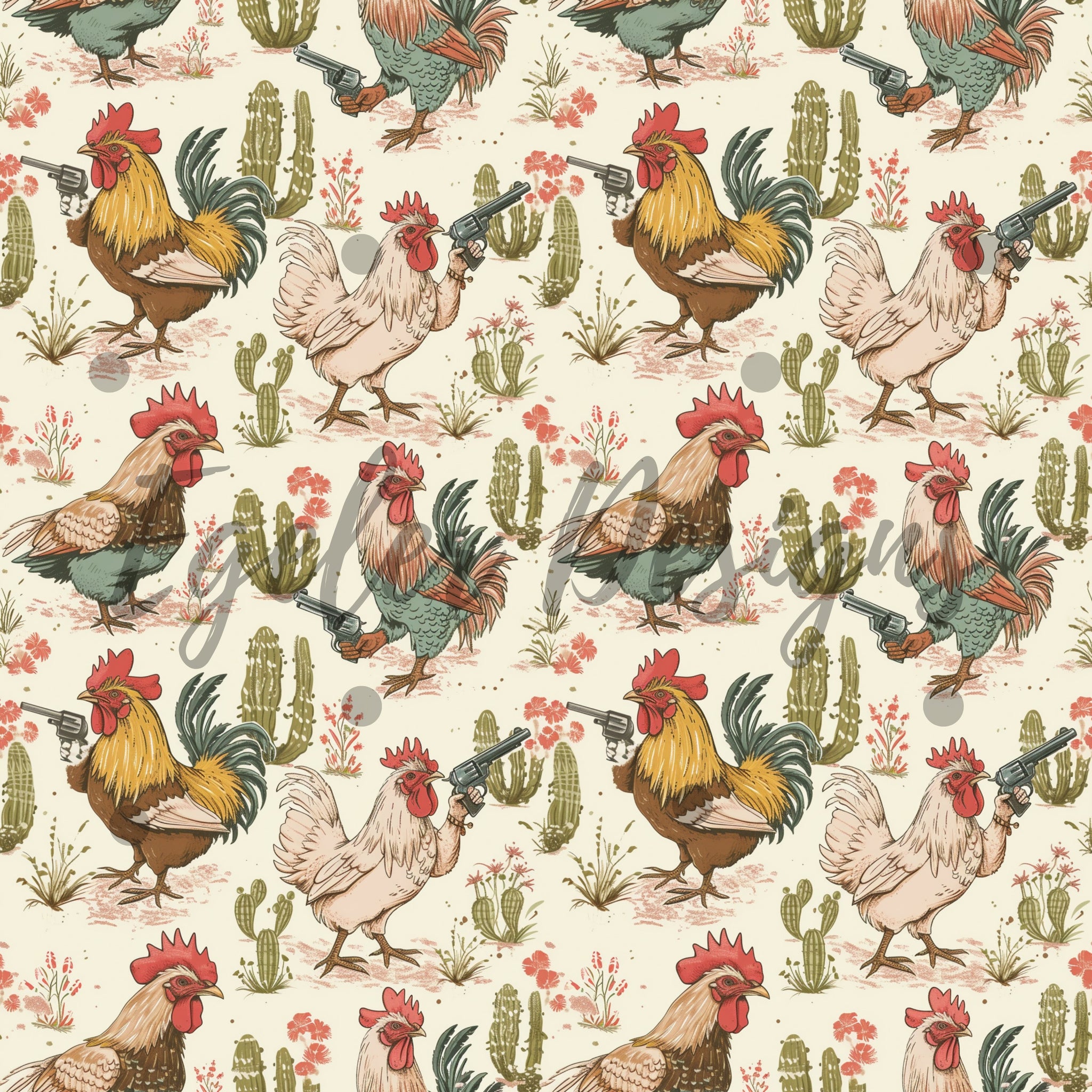 Western Revolver Chickens 2.0 Seamless Pattern Digital Download - LIMITED 30