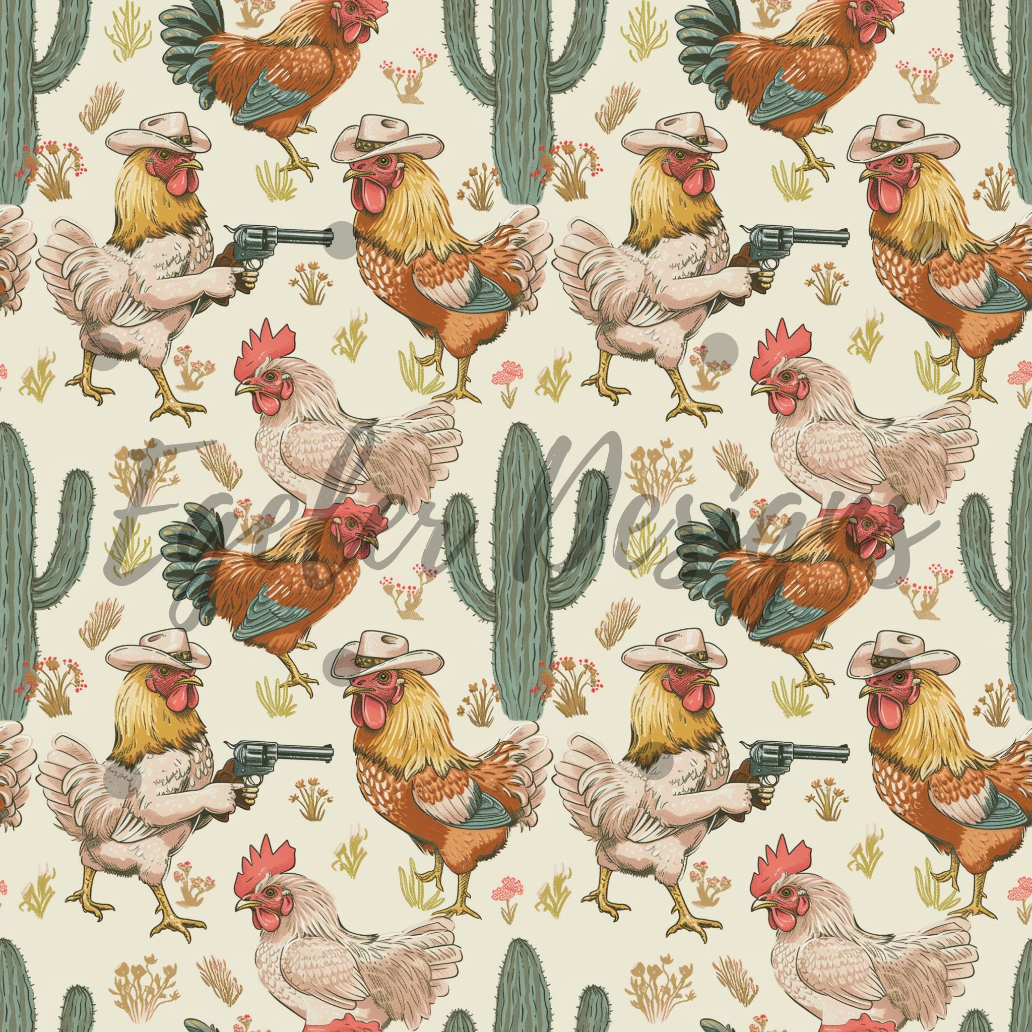 Western Revolver Chickens Seamless Pattern Digital Download - LIMITED 30