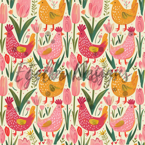 Tulip Chickens Seamless Pattern Digital Download
