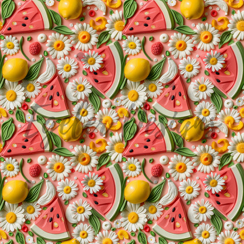 Clay Watermelon Daisies Seamless Pattern Digital Download