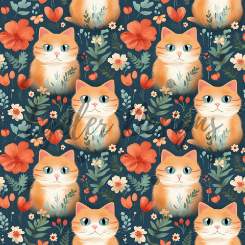 Floral Cats Seamless Pattern Digital Download