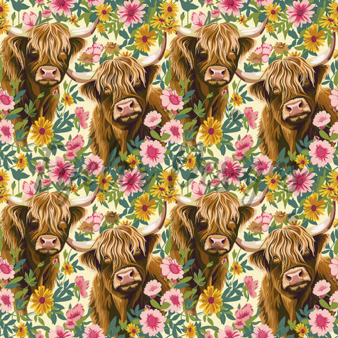 Highland Floral Cows Seamless Pattern Digital Download