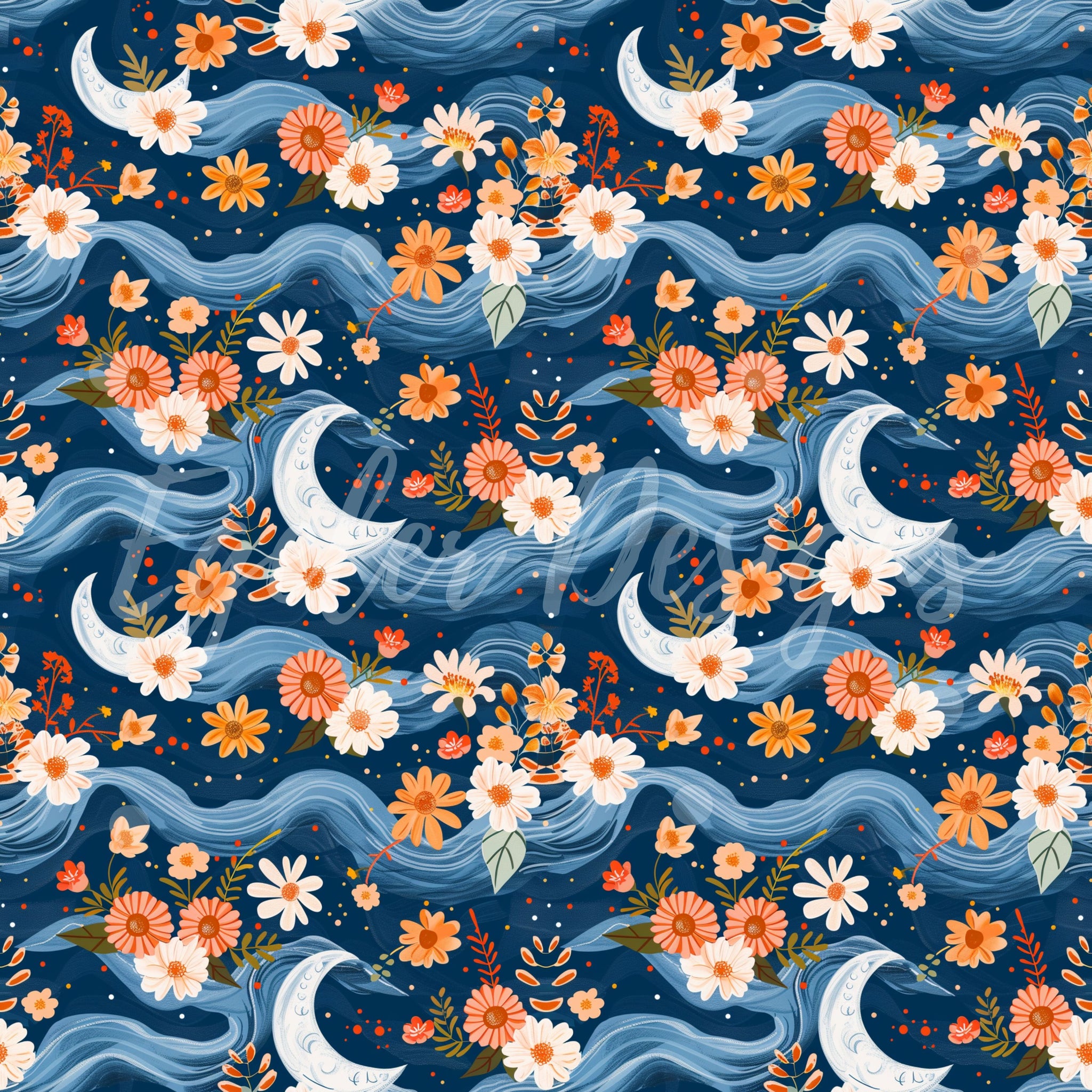 Wave Moon Seamless Pattern Digital Downloads