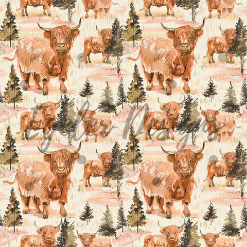 Forest Highland Cows Seamless Pattern Digital Download