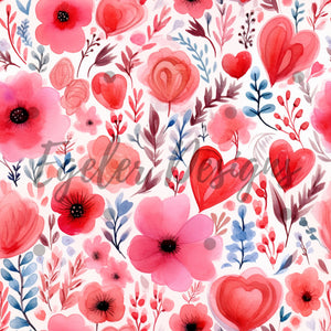 Red Floral Hearts Valentine Seamless Pattern Digital Download