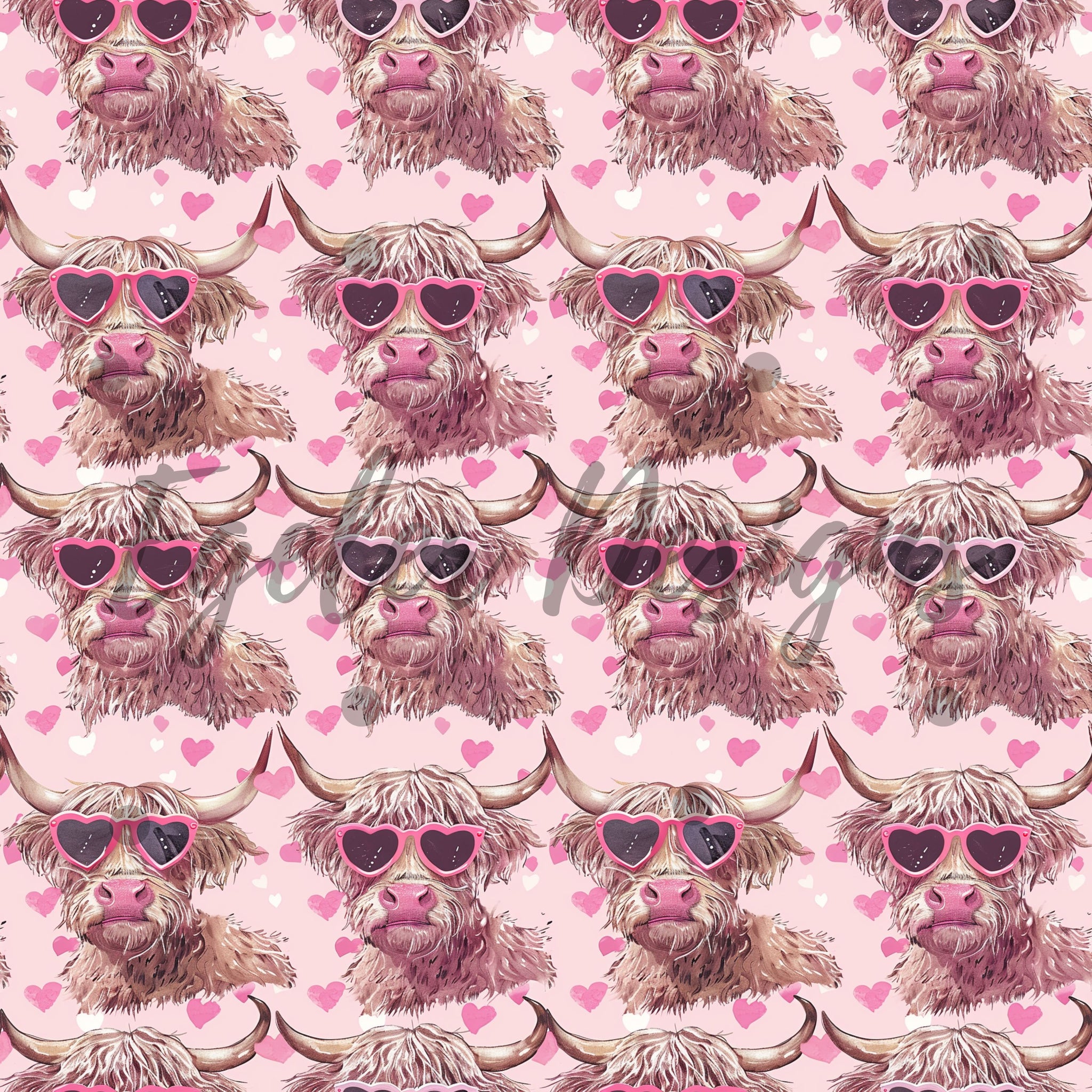 Highland Sunglass Cows Seamless Pattern Digital Download