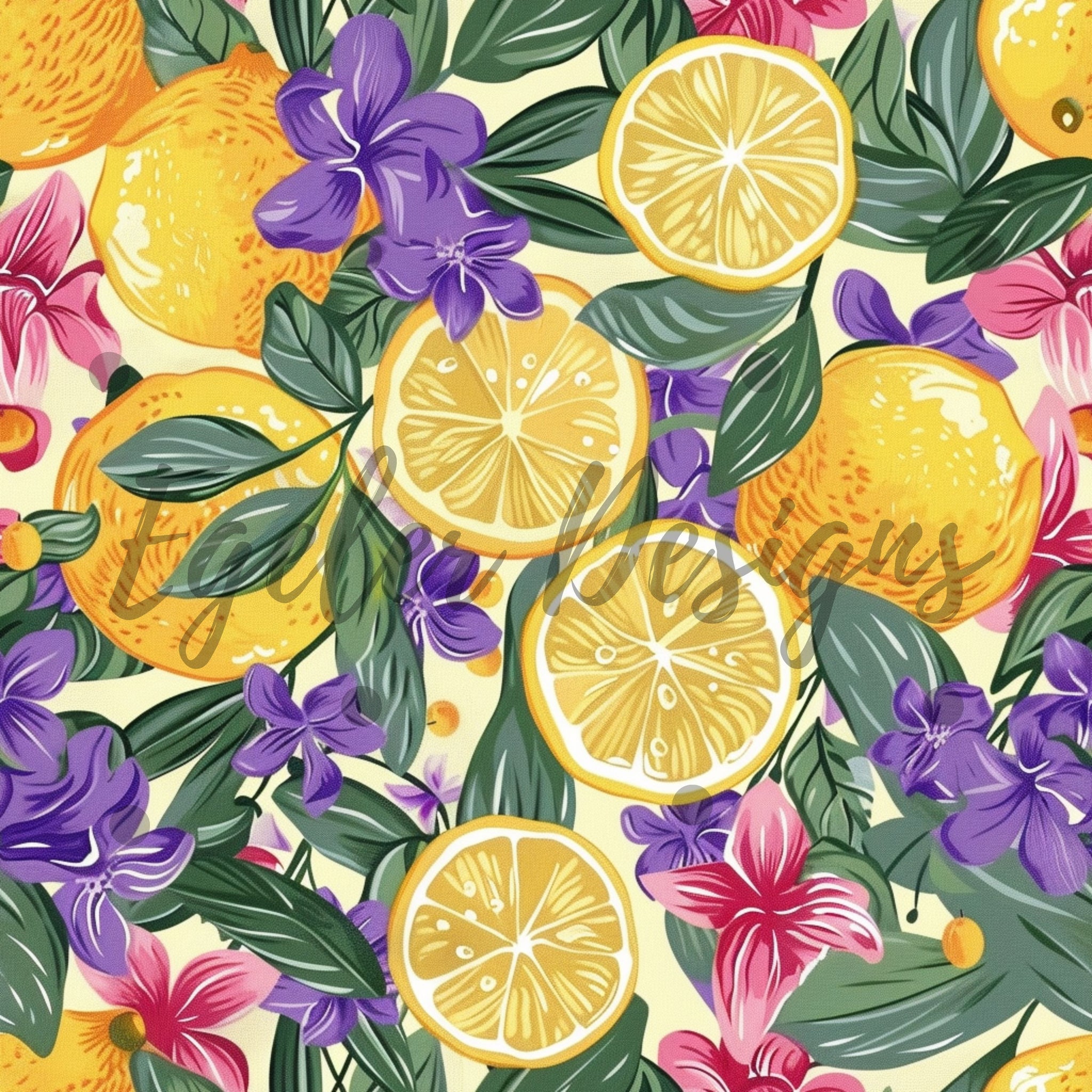 Purple Lemon Floral - LIMITED 25 - Seamless Pattern Digital Download