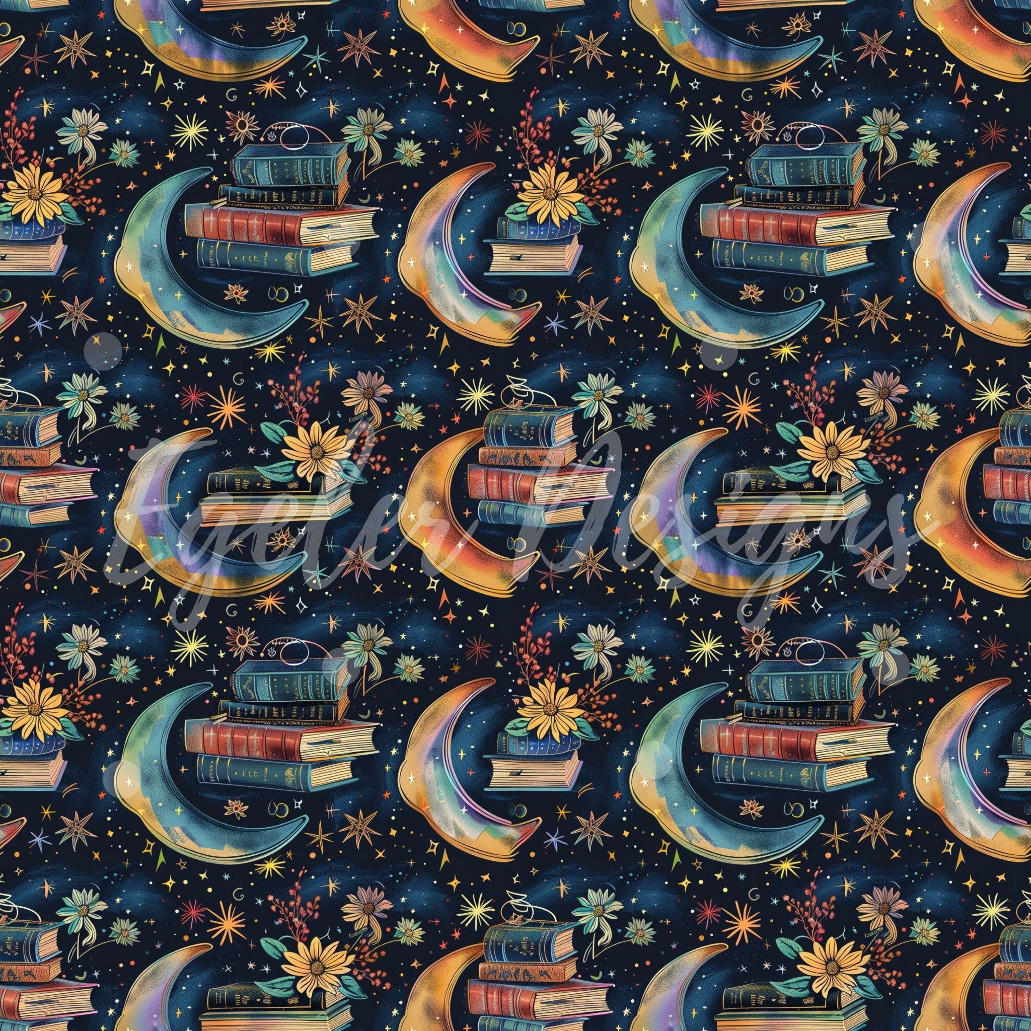 LIMITED - 15 - Moon Books Seamless Pattern Digital Download