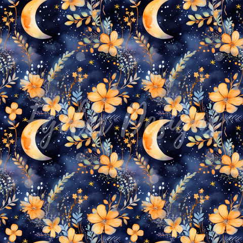Orange Moon Floral Seamless Pattern Digital Download