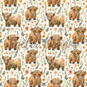 Boho Highland Cows Seamless Pattern Digital Download