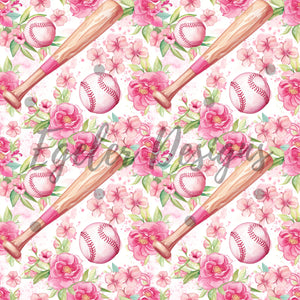 Pink Floral Baseballs Seamless Pattern Digital Download