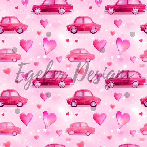 Valentine Cars Pink With Hearts Seamless Pattern Digital Download
