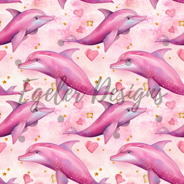 Watercolor Pink Dolphins Valentine Seamless Pattern