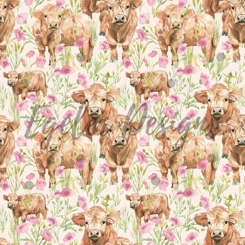Pink Floral Highland Cow Seamless Pattern Digital Download - LIMITED 15