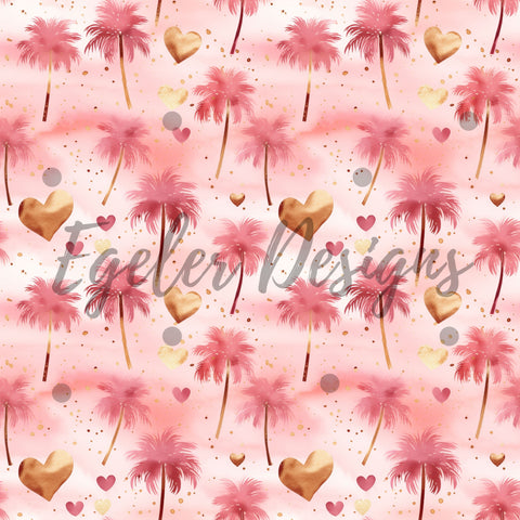 Pink And Gold Palm Trees Heart Valentine Seamless Pattern Digital Download