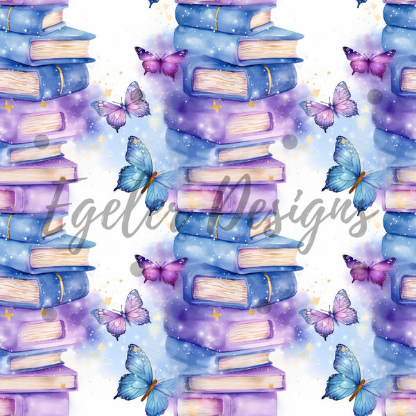 Watercolor Purple And Blue Butterfly Book Lover Seamless Pattern