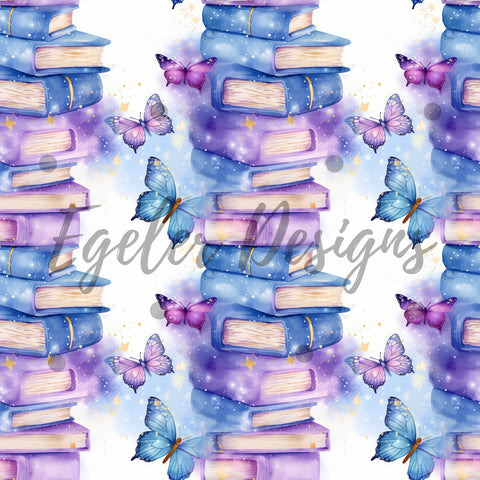 Watercolor Purple And Blue Butterfly Book Lover Seamless Pattern