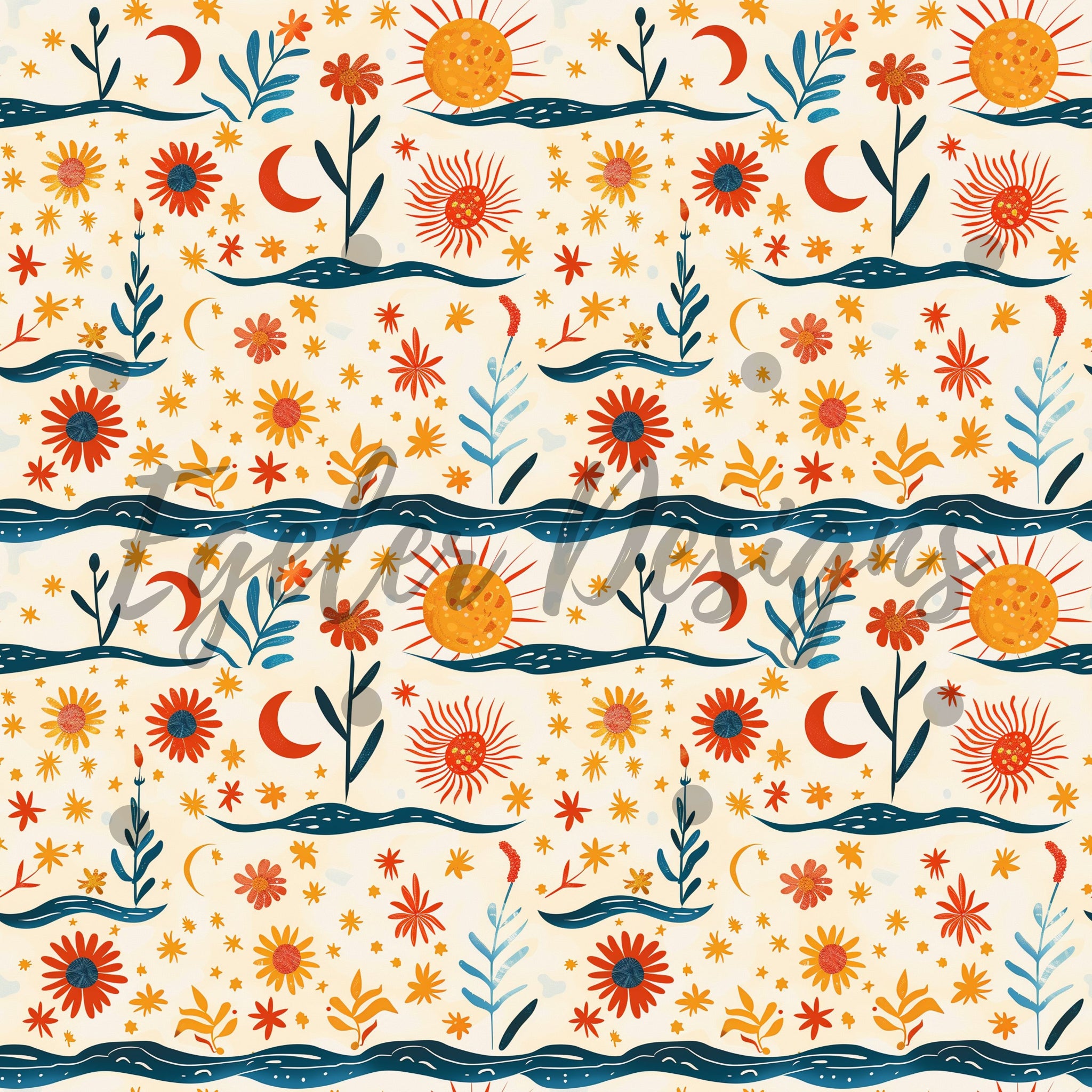 Summer Moon Seamless Pattern Digital Downloads