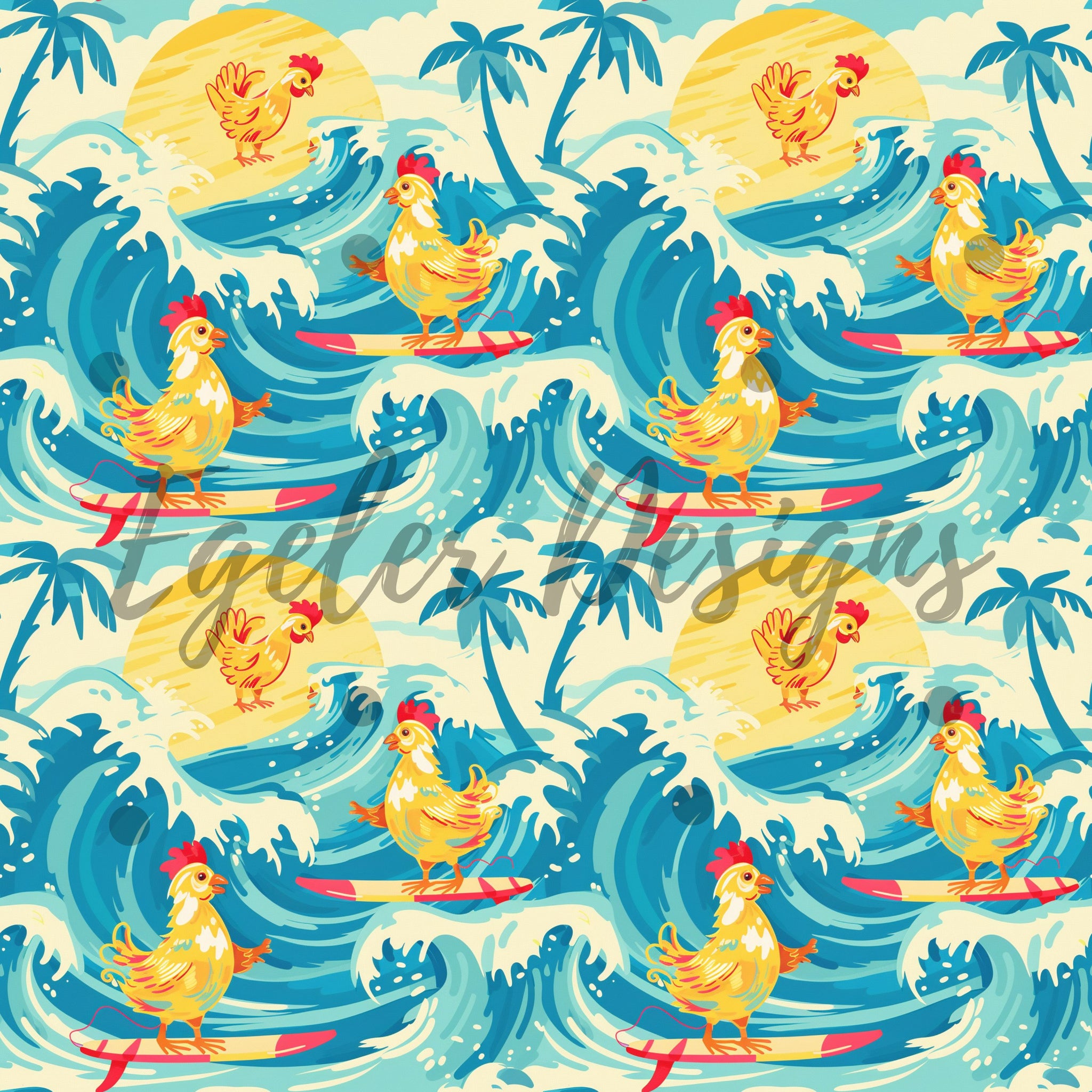 Chicken Wave Pattern Surfing Chickens 2.0 Seamless Pattern Digital Download – Egeler Designs
