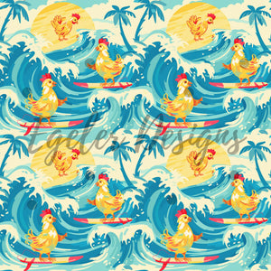 Surfing Chickens 2.0 Seamless Pattern Digital Download