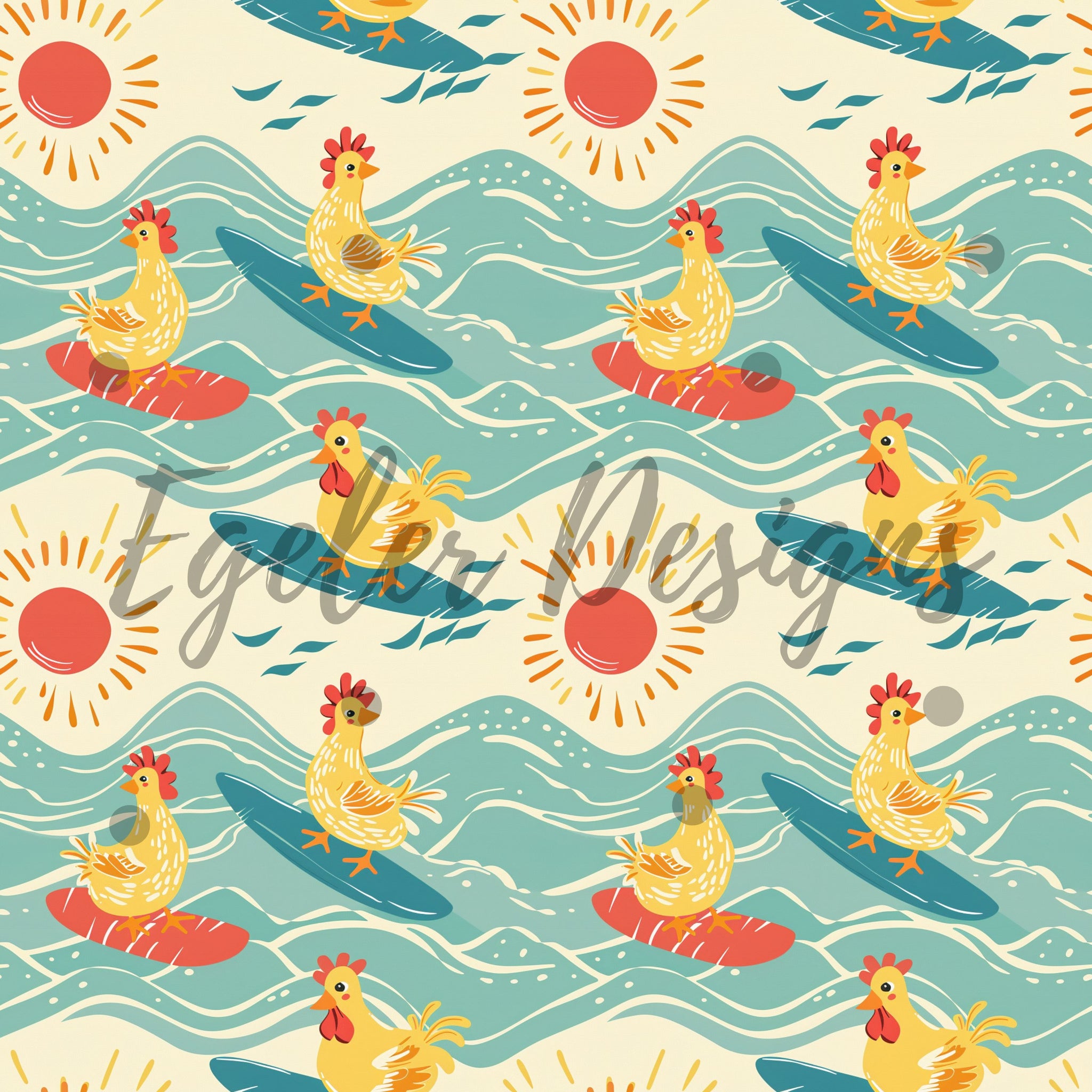 Surfing Chickens Seamless Pattern Digital Download – Egeler Designs