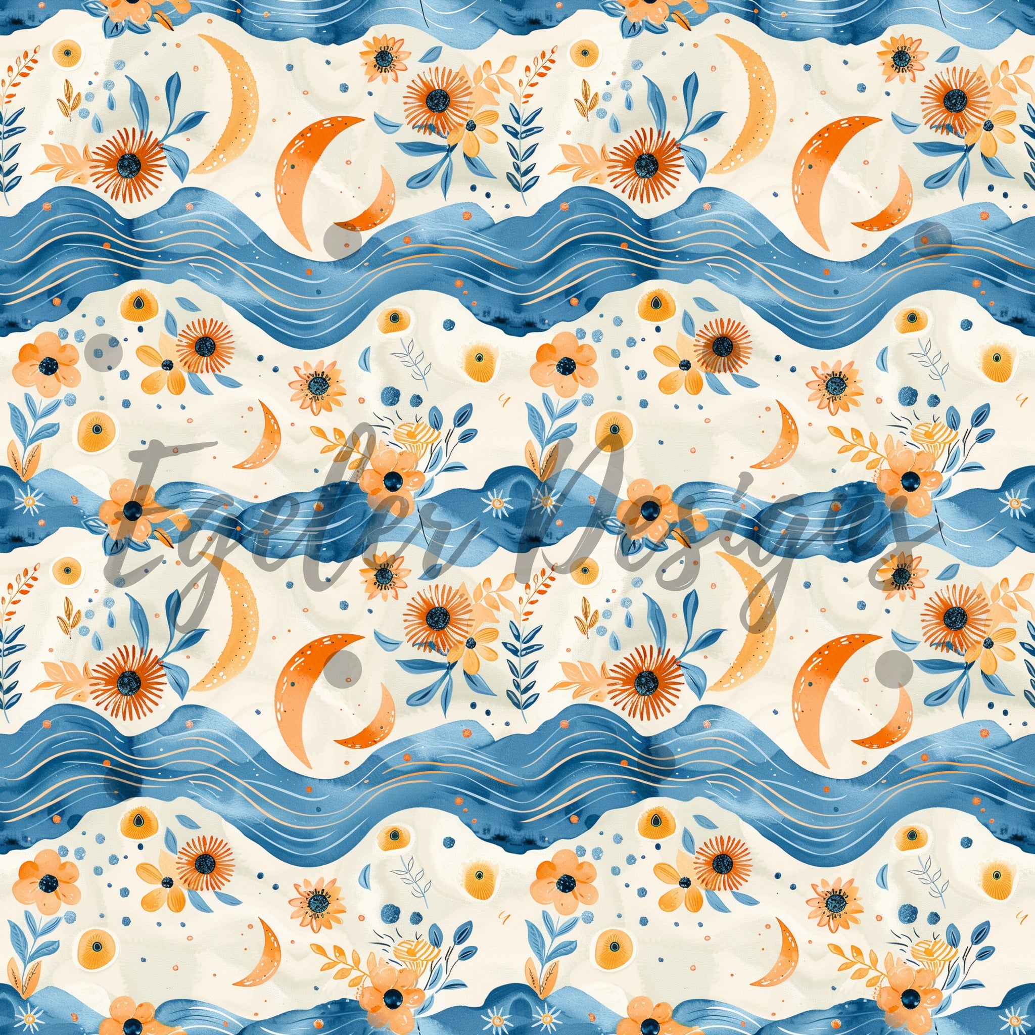 Wavy Moons Seamless Pattern Digital Download