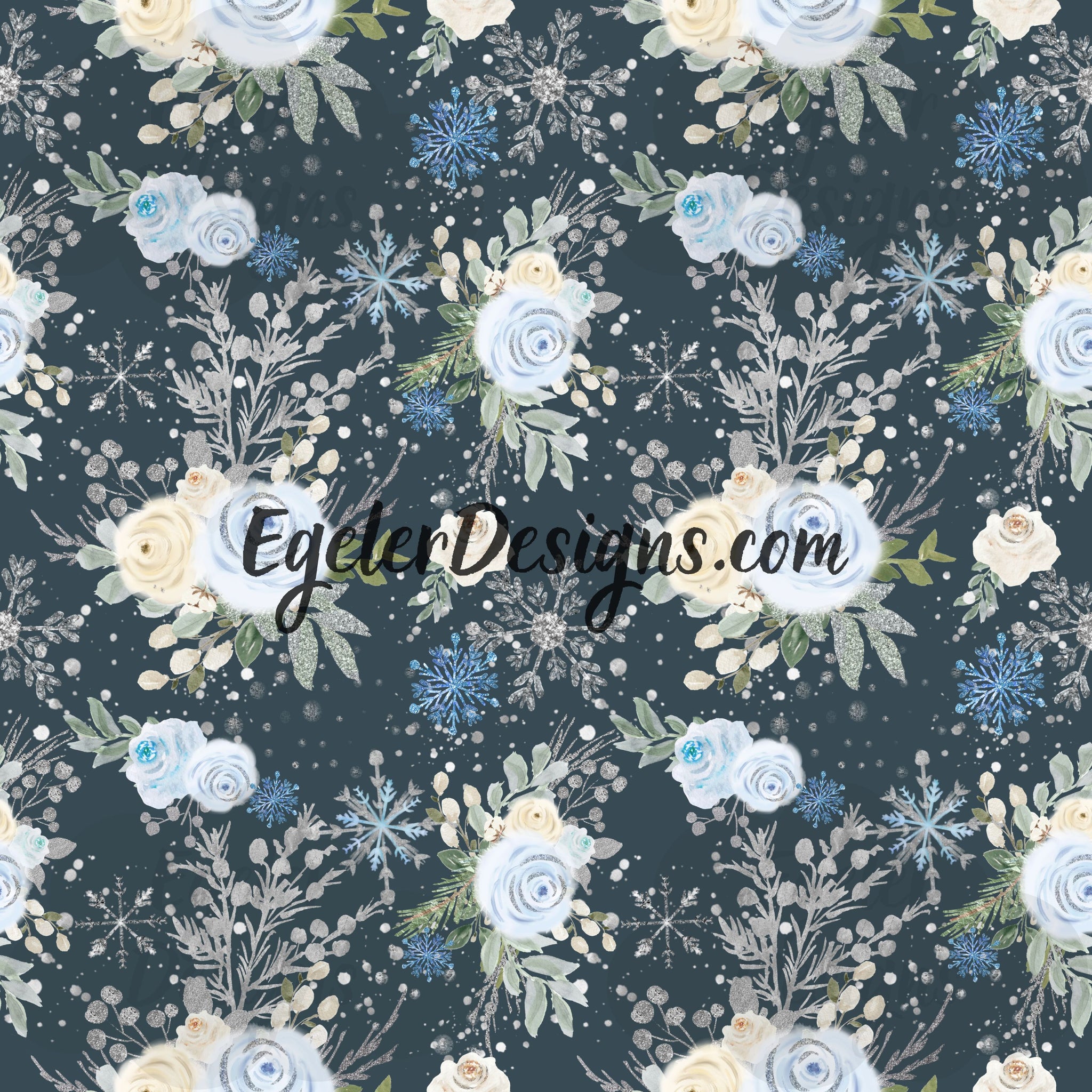 Blue Snowflake Floral On Navy